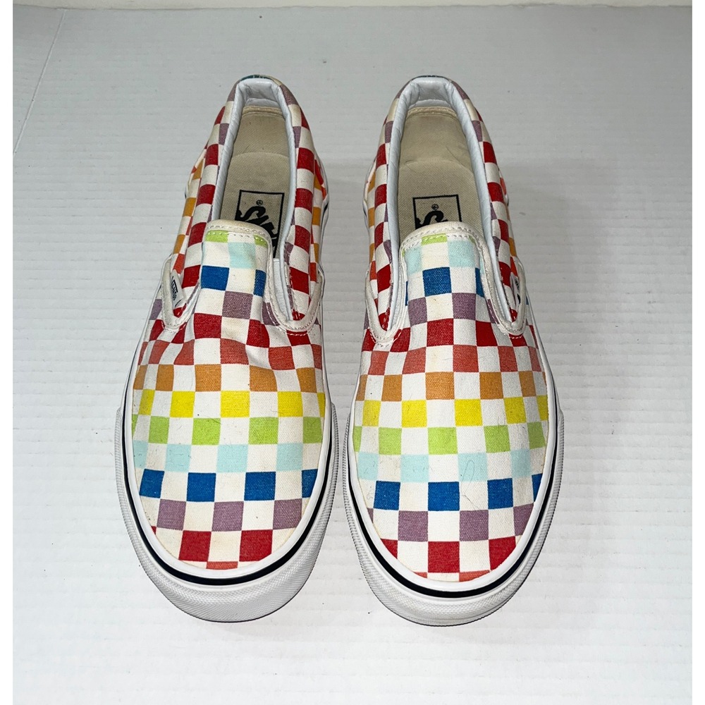 Vans Classic Slip-On Sneakers Womens 9 Rainbow Checkerboard Skate Shoes Pride